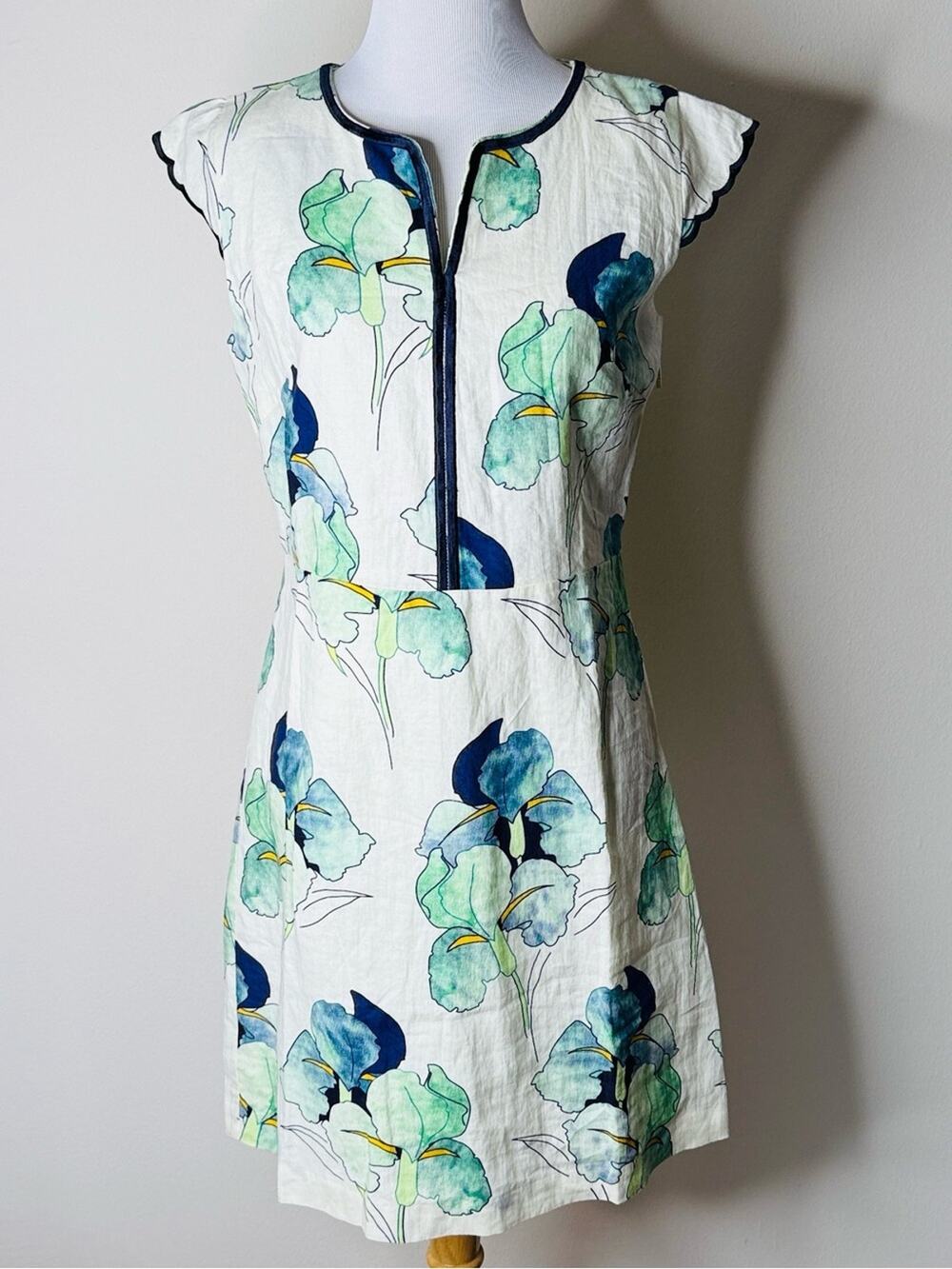 Veinfuns Navy and Green Linen Watercolor Floral Midi Dress